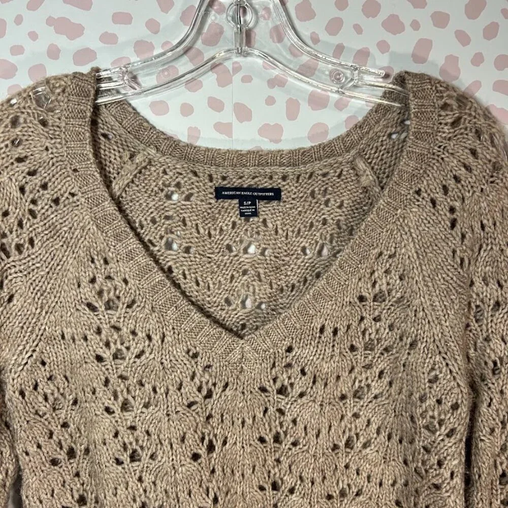 American Eagle Tan‎ Pointelle Open Knit Wool Blend Sweater S Fishermen Beachy